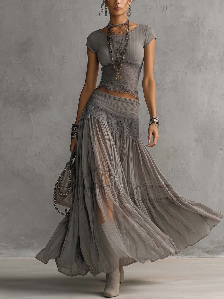 Grey Top with Lace Panel Details and Pleated Maxi Skirt Set
