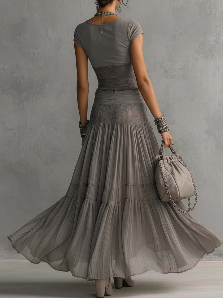 Grey Top with Lace Panel Details and Pleated Maxi Skirt Set