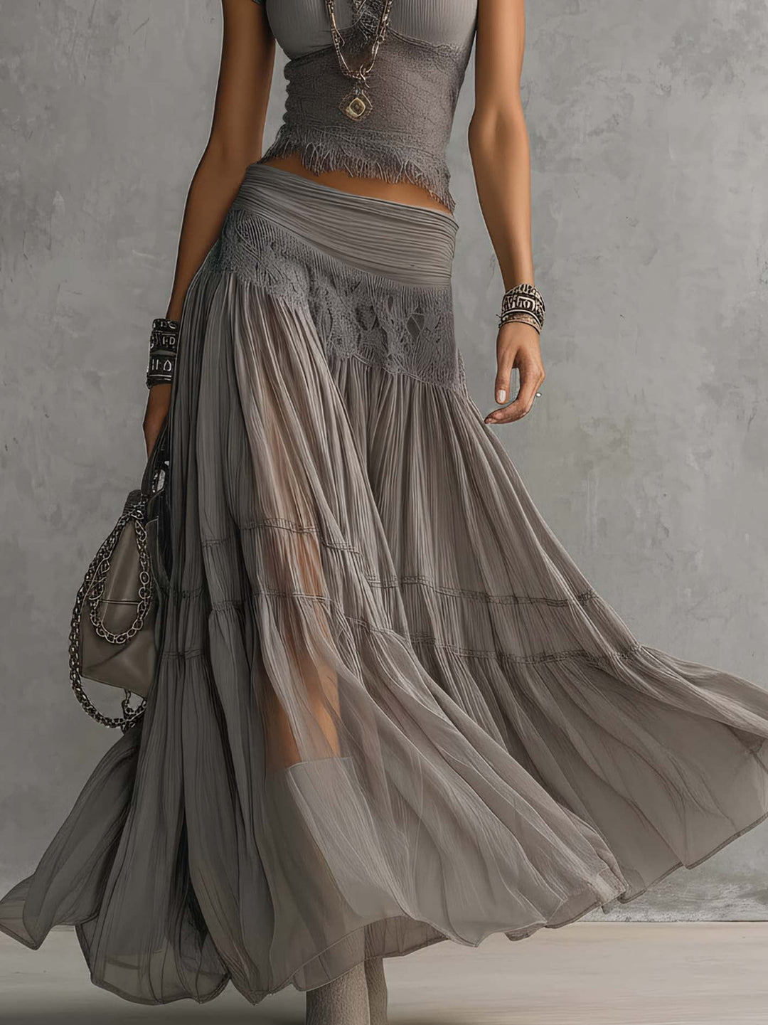 Grey Top with Lace Panel Details and Pleated Maxi Skirt Set