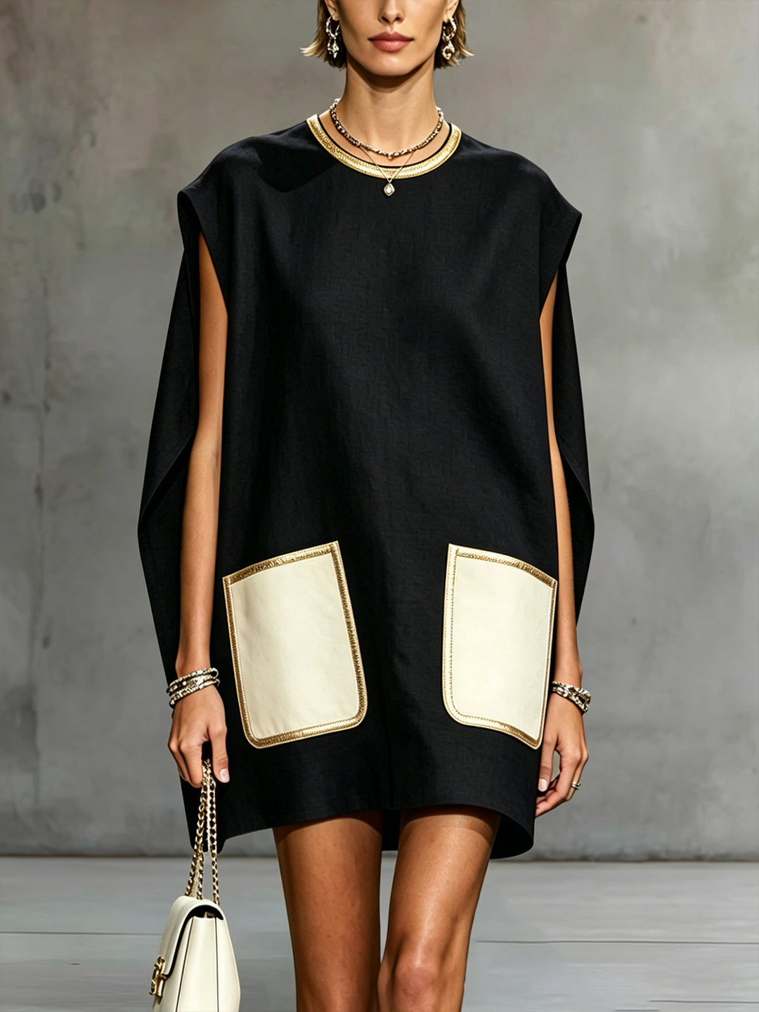 Navy Sleeveless Mini Dress With Contrast Patch Pockets