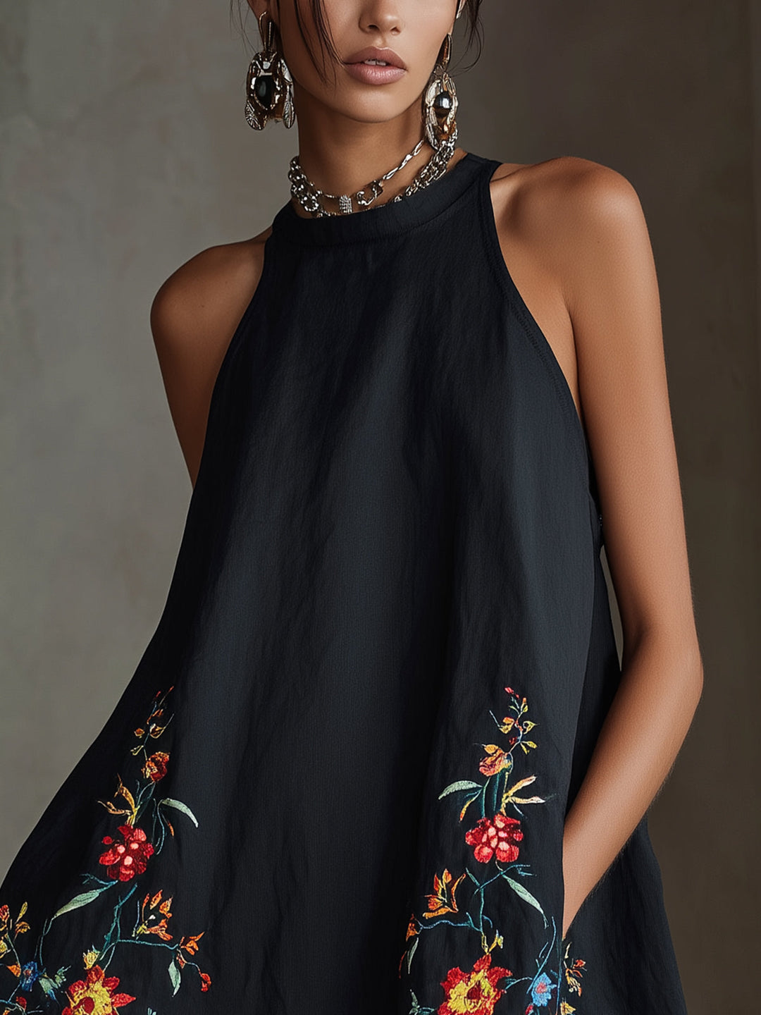 Black Embroidered Halter A-Line Mini Dress