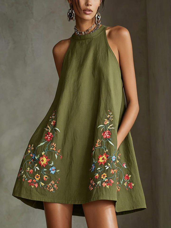 Black Embroidered Halter A-Line Mini Dress