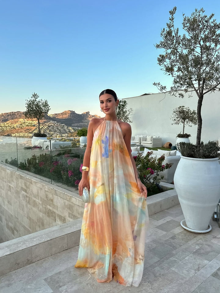 Watercolour Floral Halter Neck Flowy Maxi Dress - Wedding Guest