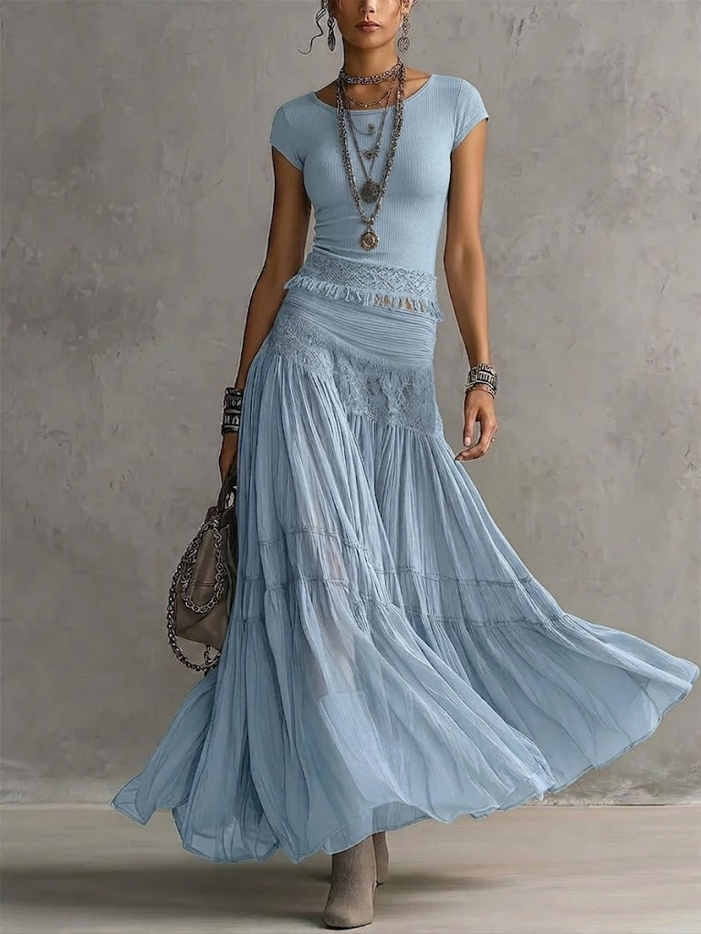 Casual Bohemian Short Sleeve T-Shirt and Skirt Two-Piece Set