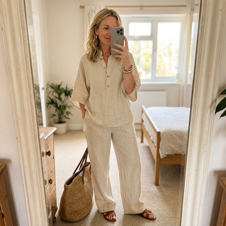 Mandarin Collar Kimono Sleeve Top and Wide Leg Linen Pant Set