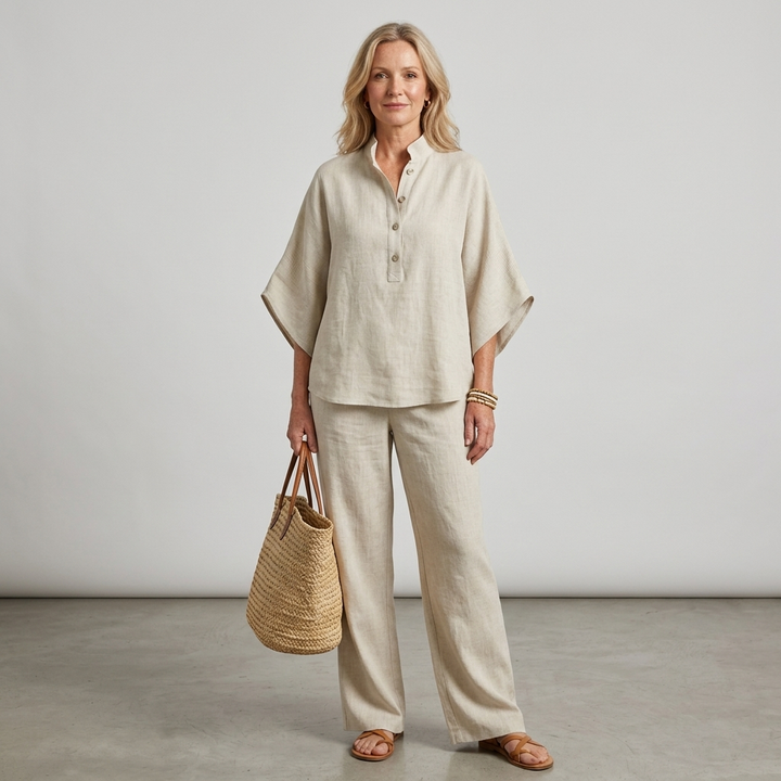 Mandarin Collar Kimono Sleeve Top and Wide Leg Linen Pant Set