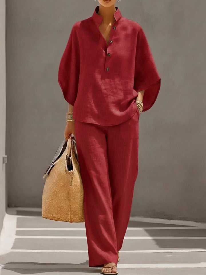 Mandarin Collar Kimono Sleeve Top and Wide Leg Linen Pant Set